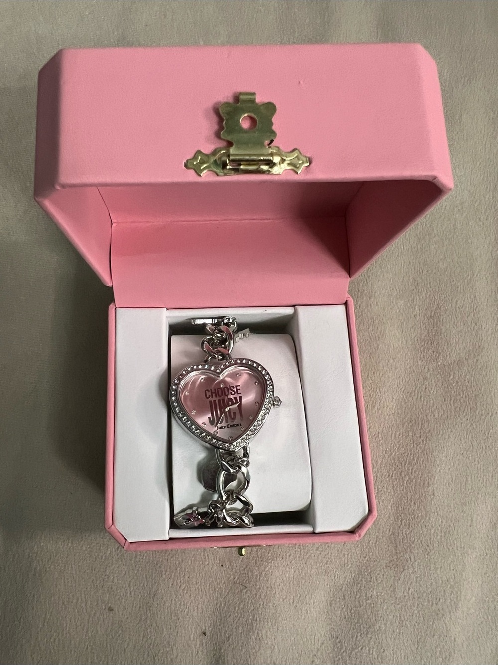 ✨Juicy Couture Choose Juicy Heart Charm Bracelet Watch Pink Silver Rhinestone